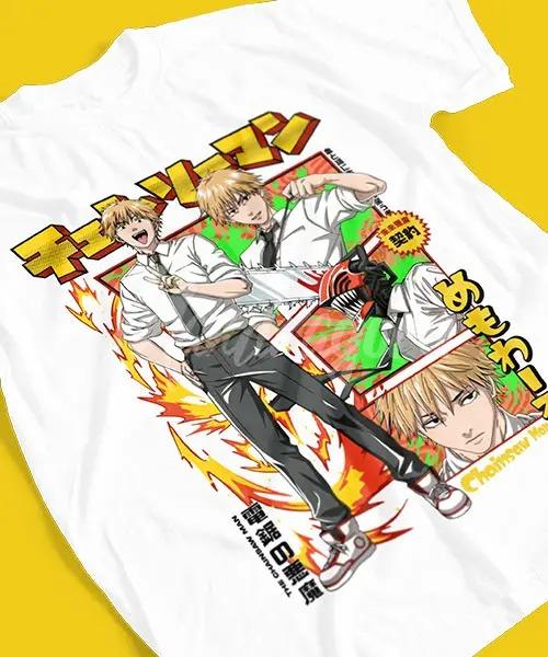 Человек-бензопила Денджи «Бензопила Дьявол» Коллаж из панелей манги Винтажная Белая футболка Оверсайз | Уличная футболка Унисекс для фанатов аниме Сёнэн 4XL