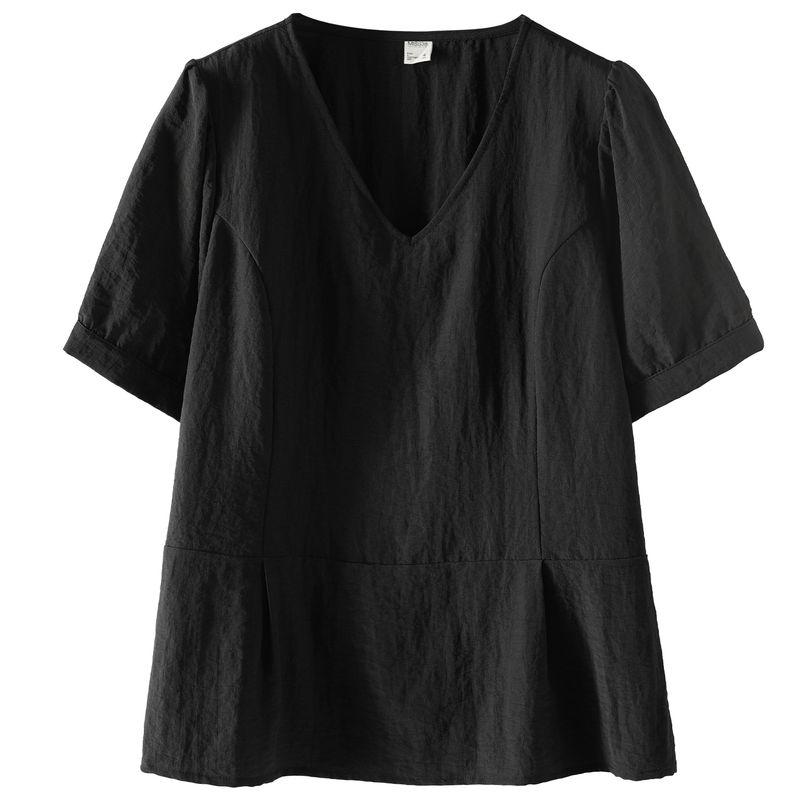 

Plus size women clothing [Minimalist Lazy Set] Texture Chubby Girl Summer V-neck Short sleeve Top Loose Skirt Night Black-Tops 7xl