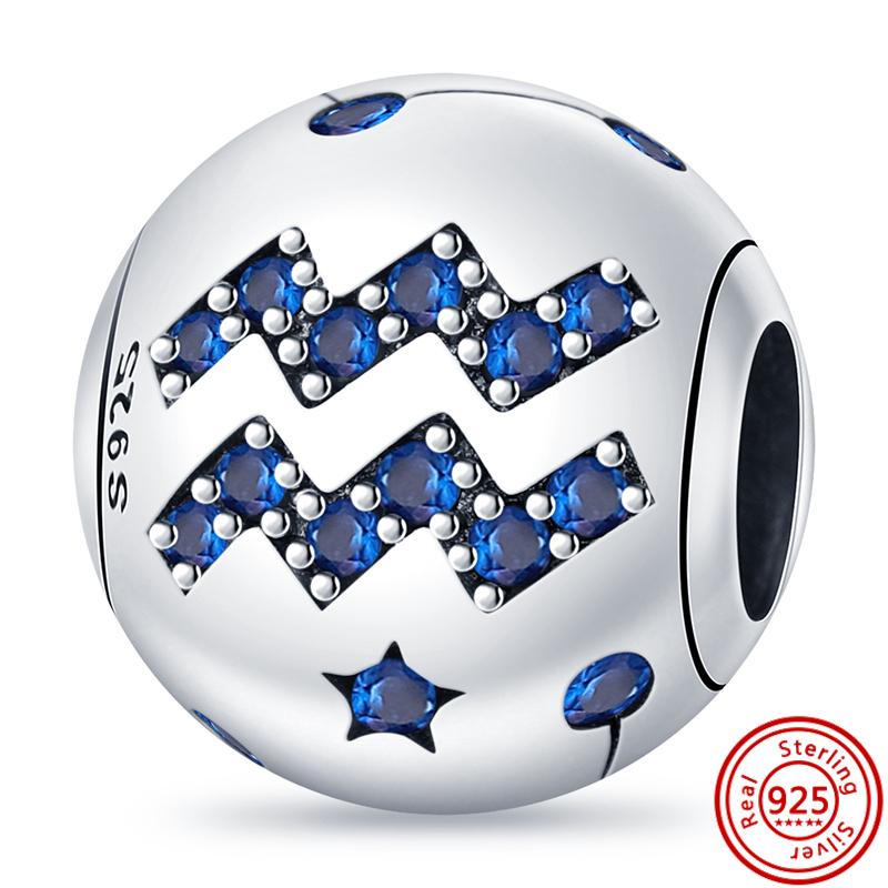 S925 Sterling Silver Blue Zircon Stars 12 Constellation Shiny Round DIY Beads Fit Original  Charms Bracelet Luxury Jewelry