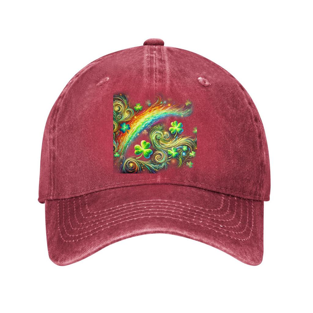 St Patricks Day Rainbow Clover Print Cotton Baseball Cap Adjustable Curved Brim Casual Dad Hat Unisex