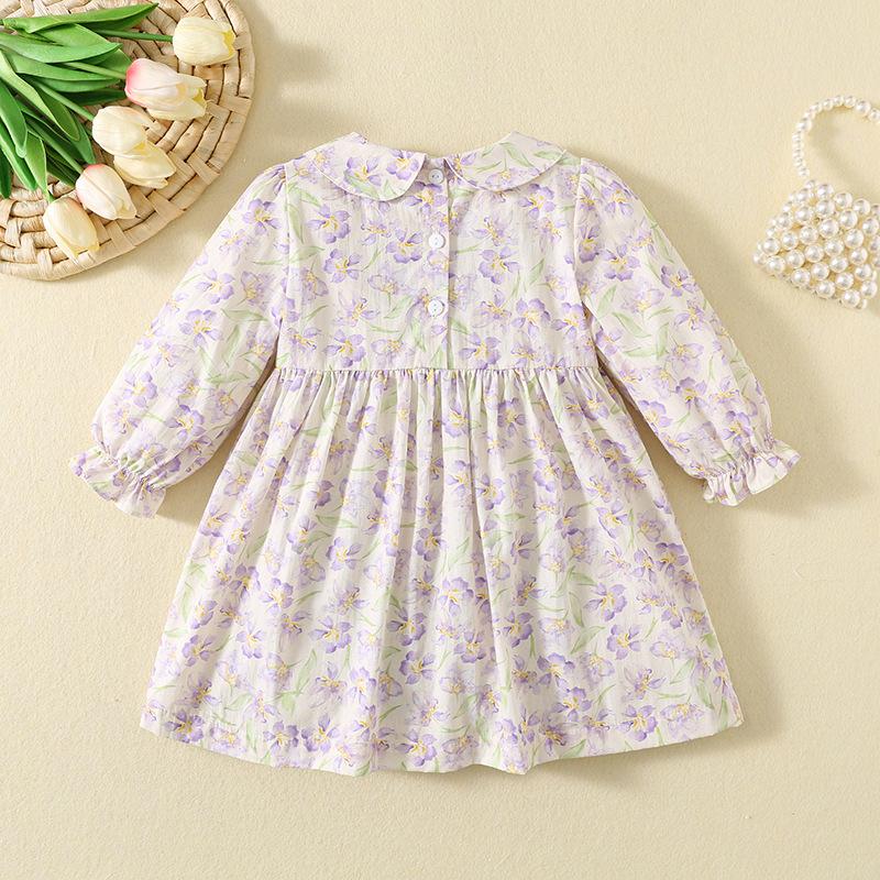 Spring Autumn Girls Floral Cotton Dress With Smocking And Flower Embroidery Cute Princess Long Sleeve Dress For Baby