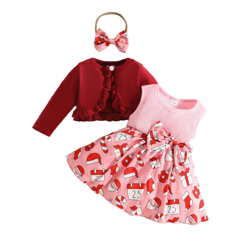 Toddler Girl Christmas Party Dress Set 3-Piece Velvet Cardigan with Headband for Holiday Photo Shoot Outfit