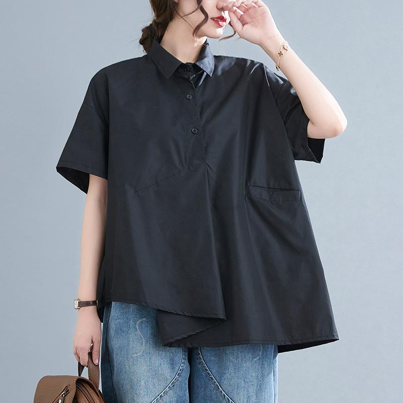 

Летняя повседневная женская блузка, топ, свободная однотонная рубашка с короткими рукавами и нерегулярными лацканами One Size чёрный