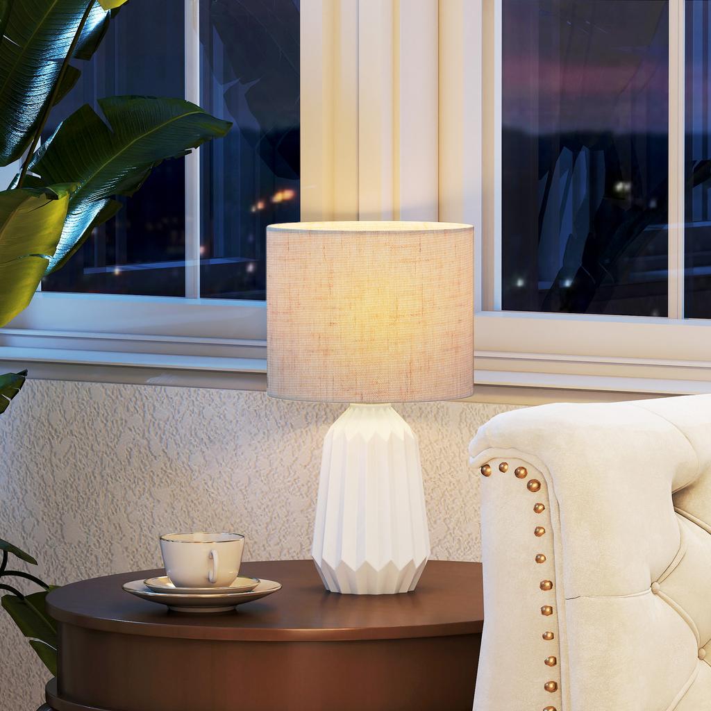 Retro Table Lamp, Ceramic Base, Linen Shade, 40W, White and Beige
