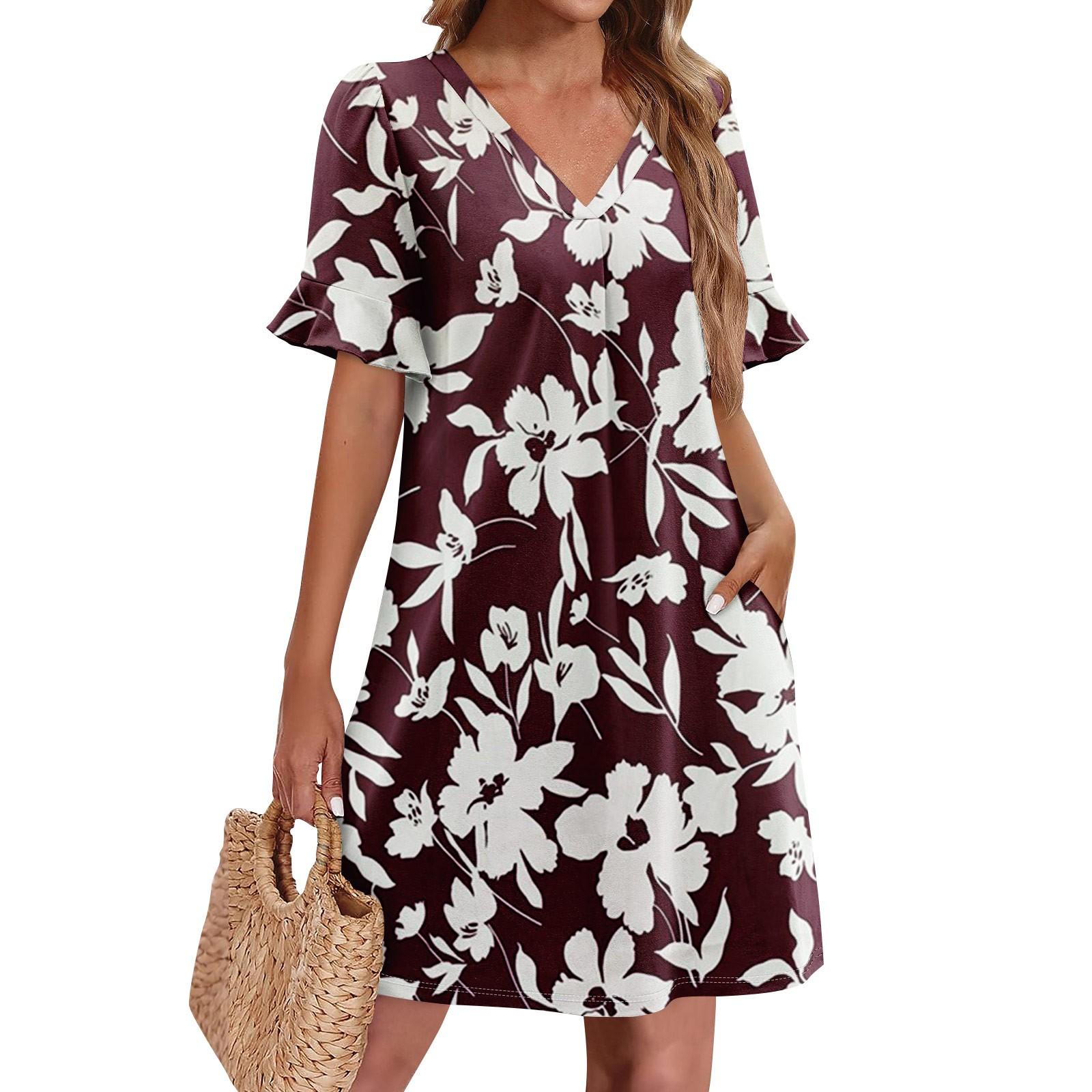 

Летние платья для женщин с V-образным вырезом, оборками и коротким рукавом, повседневное свободное платье с принтом, пляжное платье с карманами XL винный