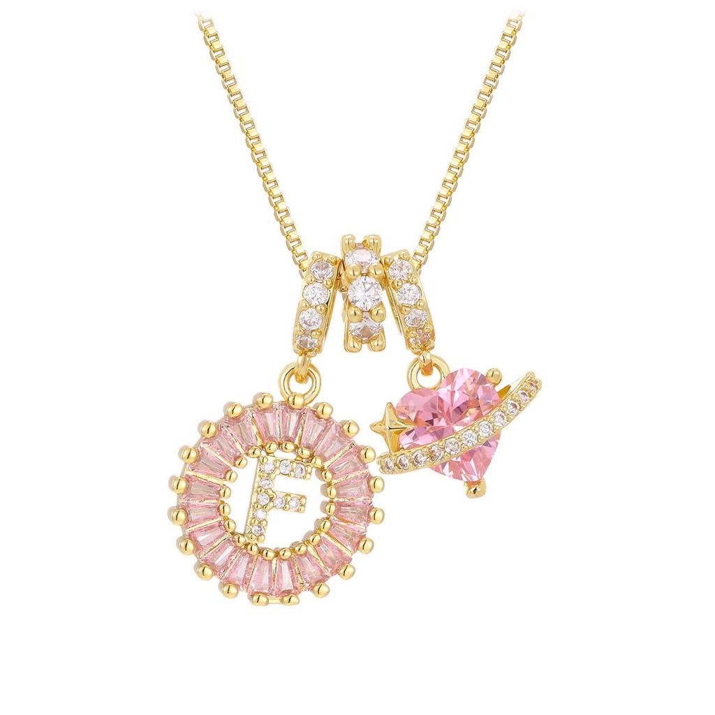 Pink Rock Candy 26-Letter Diamond Necklace with Gold-Plated Zircon and Round Flower Pendant