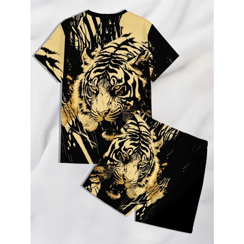 Men's Casual Animal Suit: O-Neck Top with Bold Tiger Design & Elastic Waist Shorts. Trendy Activewear for Daily Lounge