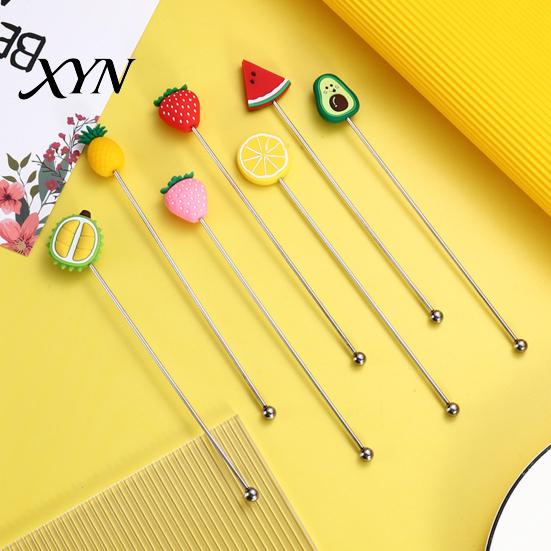 Stir Stick Cocktail Stick, Stainless Steel Mixing with Durian Pineapple Strawberry Cute Drink Stirrer Watermelon Rubber Top Decor, for Bar Milk
