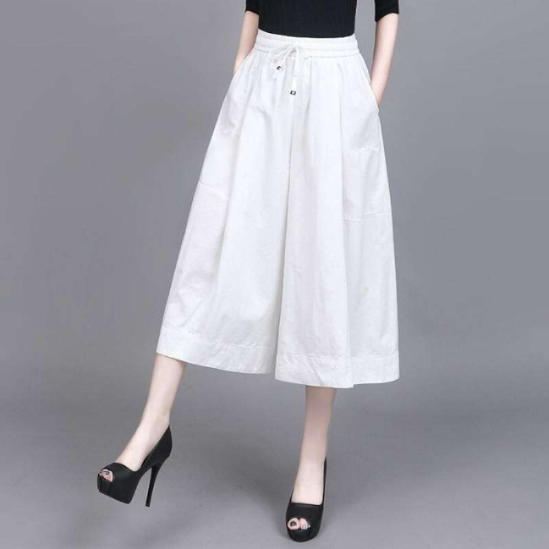 Women's Drawstring Elastic Waist Wide Leg Capri Pants Loose Fit Harem Pants Thin Denim Summer Commuter Skirt Culottes