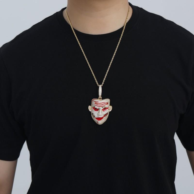 Clown Pendant Necklace Men Hip Hop Style Zinc Alloy CZ Stone Charm Halloween Costume Accessory
