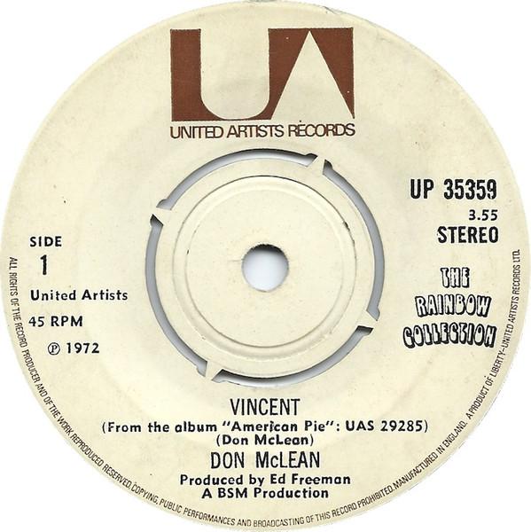7inch Record DON MCLEAN - Vincent UP35359 United Artists  1972 UK Rock Used
