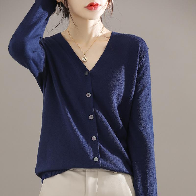 Autumn Winter Casual Fashion Solid Color V-neck Cardigan Coat Women All-match Bottomed Knitting Top