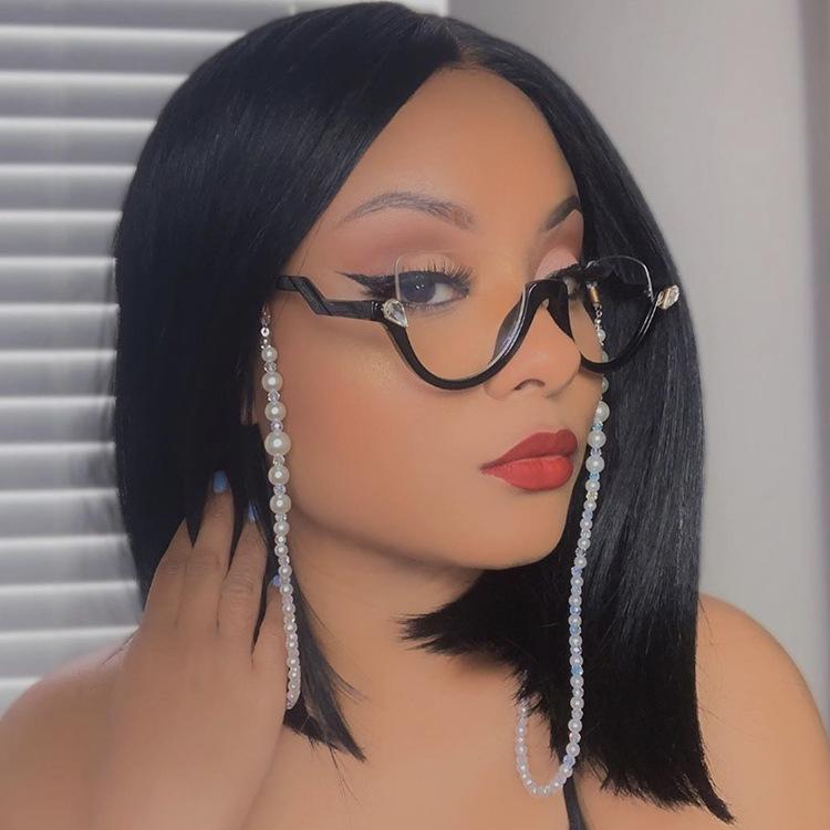 New Women's Triangle Glasses Frame Fashionable Personality Retro Classic Diamond-Embedded Semi-Frame Plain Glasses