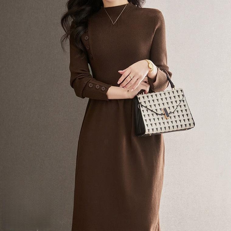 Rochie Tricotată de Toamnă și Iarnă pentru Femei Lungime Medie Rochie Pulover Culoare Solidă Pulover Tricotat cu Guler Mediu