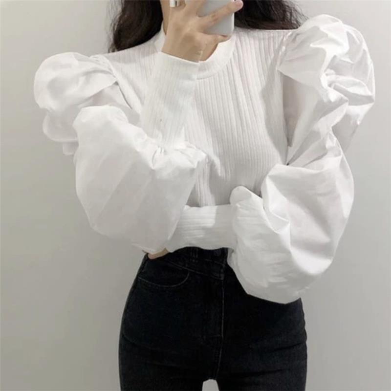 Camicetta a Maniche Lunghe Puff Lavorata a Maglia da Donna Colore Unito Base Maglioni Top Elegante da Ufficio Lavoro Donna Nero Bianco