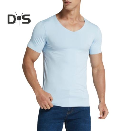 

Мужская летняя футболка, сплошной цвет, бесшовный ледяной шелк, V-образный вырез, короткие рукава, мягкий дышащий пуловер, спортивный деловой повседневный мужской офисный топ 3XL светло-синий