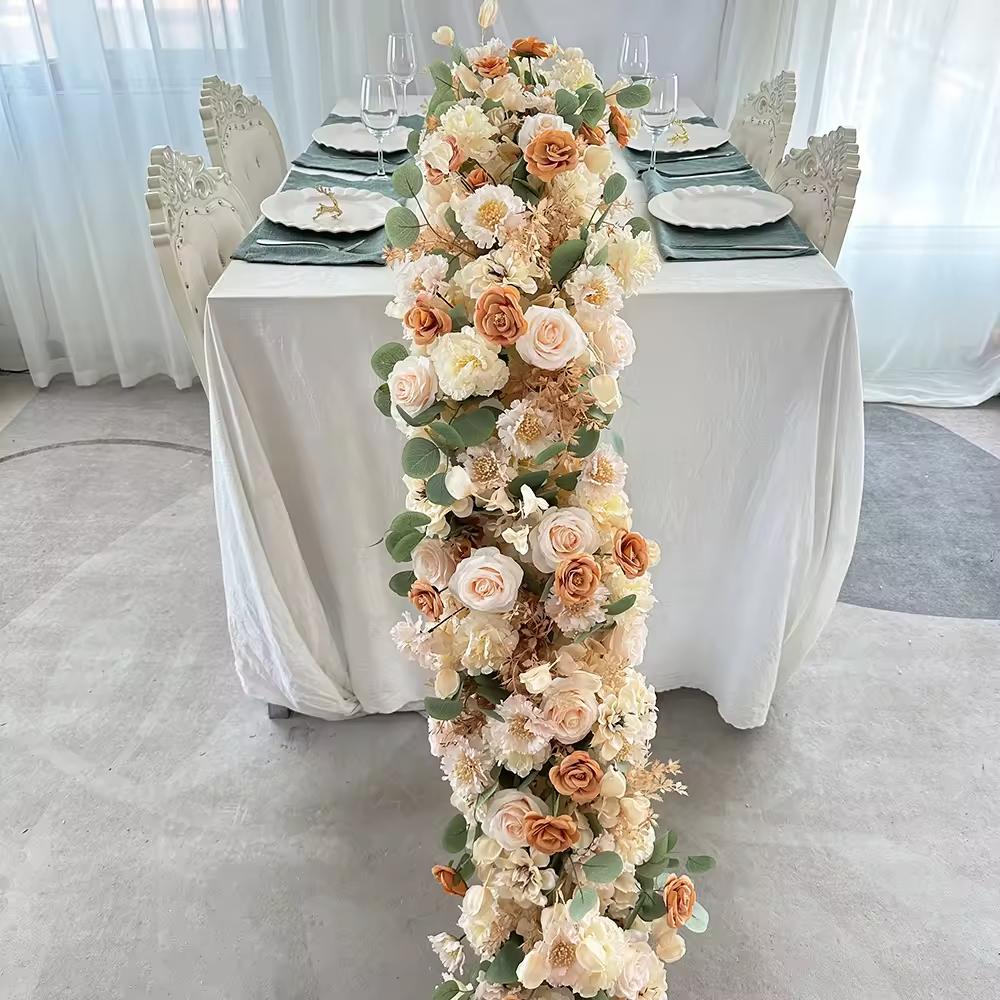 200cm champagne Atficial Flower Row Runner Elegant Center Stage Background for Wedding Party Home Decoration