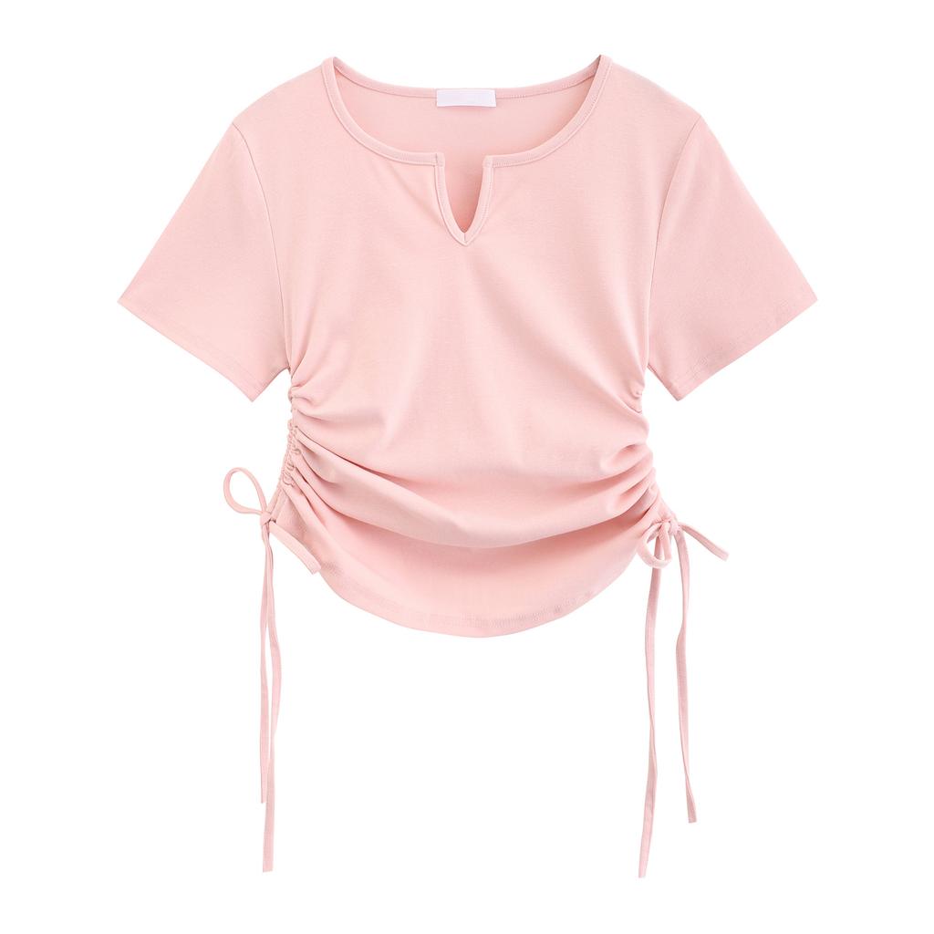 Solid Color Short Slim V-neck Short-sleeved T-shirt Women's New Korean Style Design Niche Shoulder Top