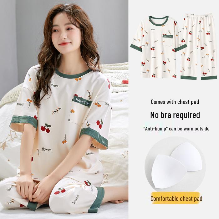 

Women s Stretchy Summer Pajama Set with Built-in Bra, Short Sleeves & Three-Quarter Pants, Round Neck Pullover L
