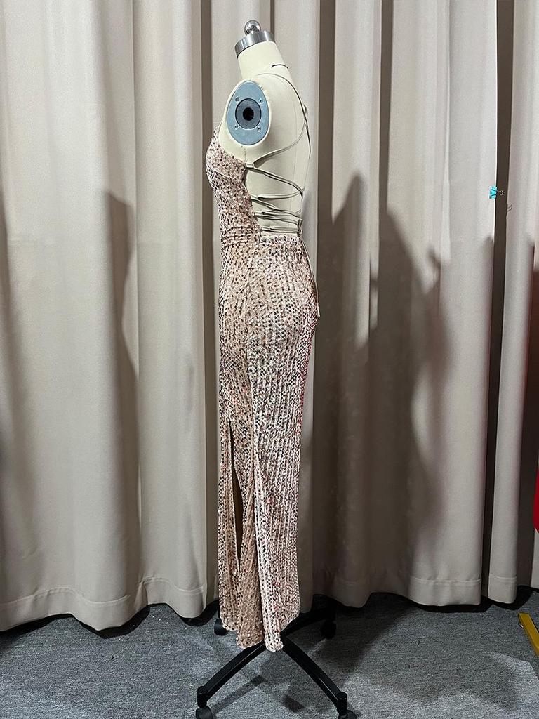 European & American Women's Sequin Slit High Waist Bridesmaid Evening Dress