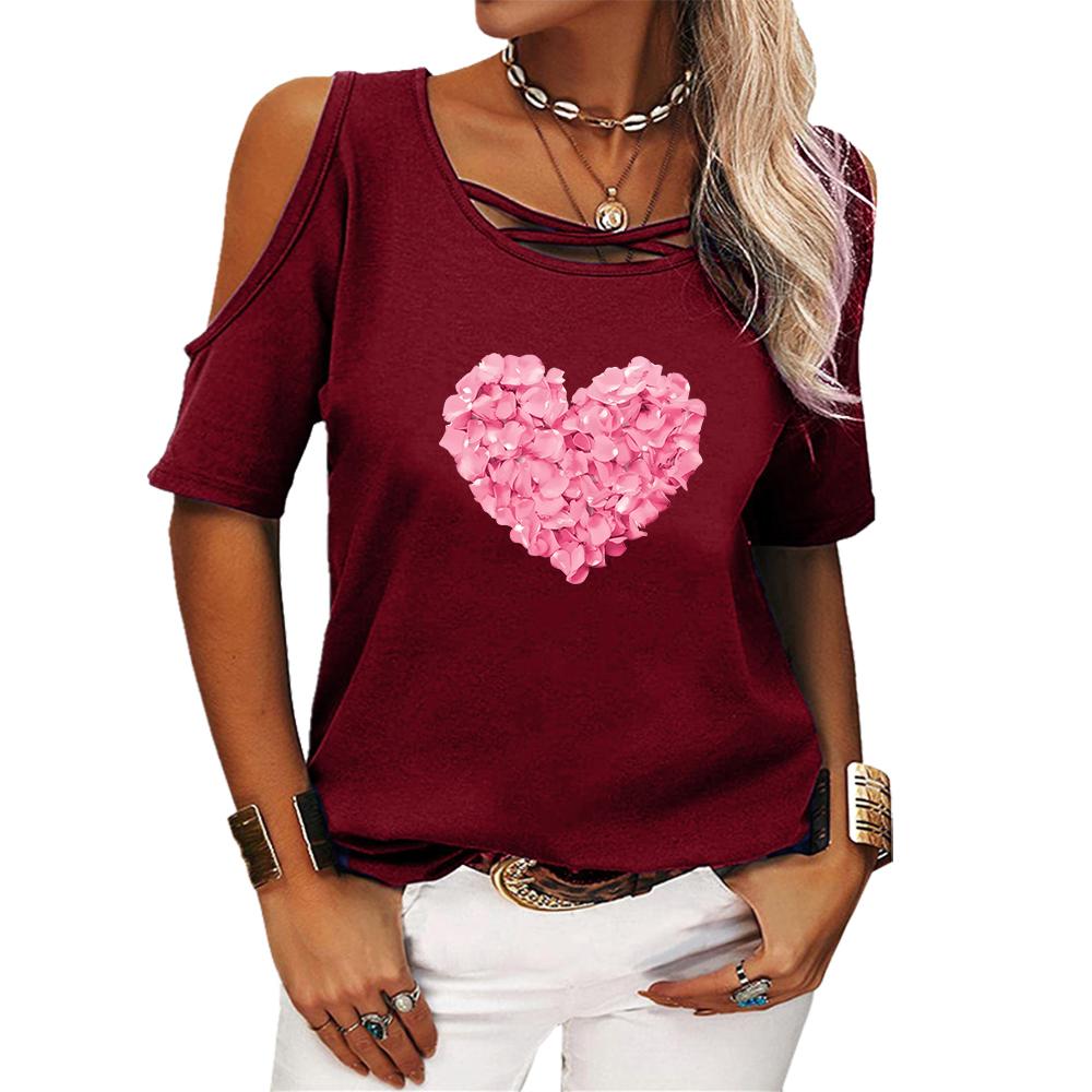 Damenmode Schulterfreies Oberteil Sommer Druck Kurzarm T-Shirt Damen Lässig Rundhals T-Shirt