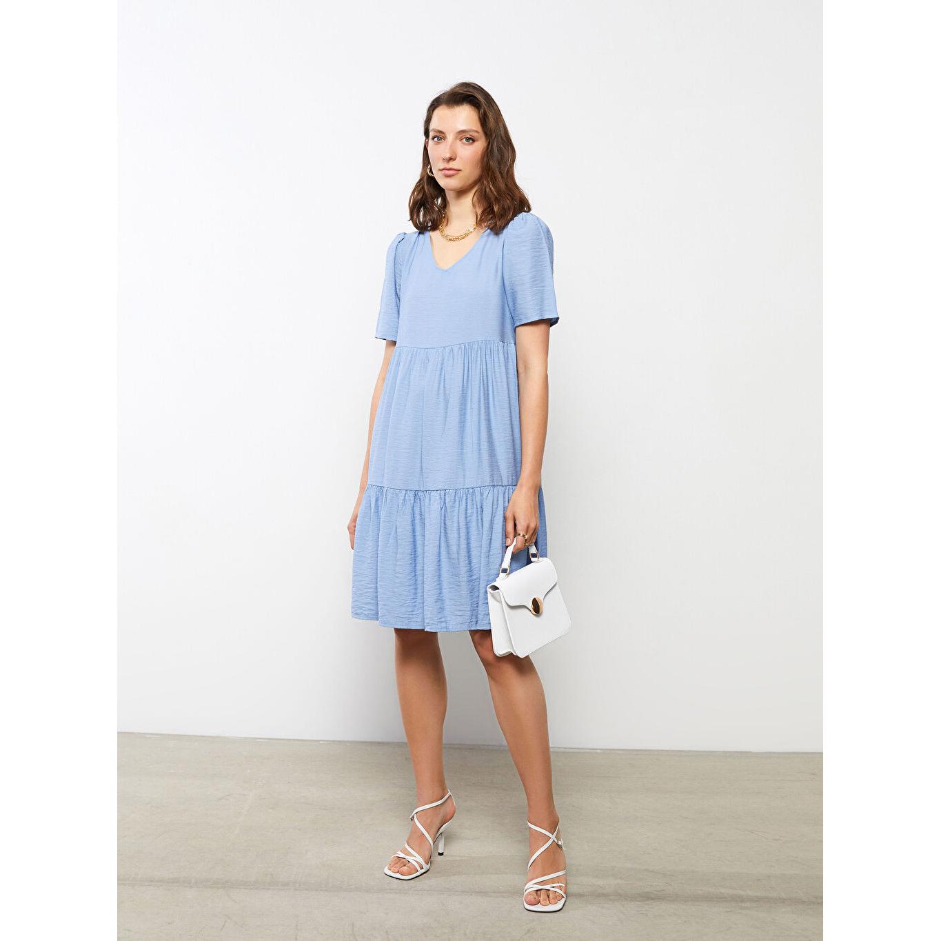 

LCW CLASSIC Прямое женское платье с коротким рукавом и V-образным вырезом синее