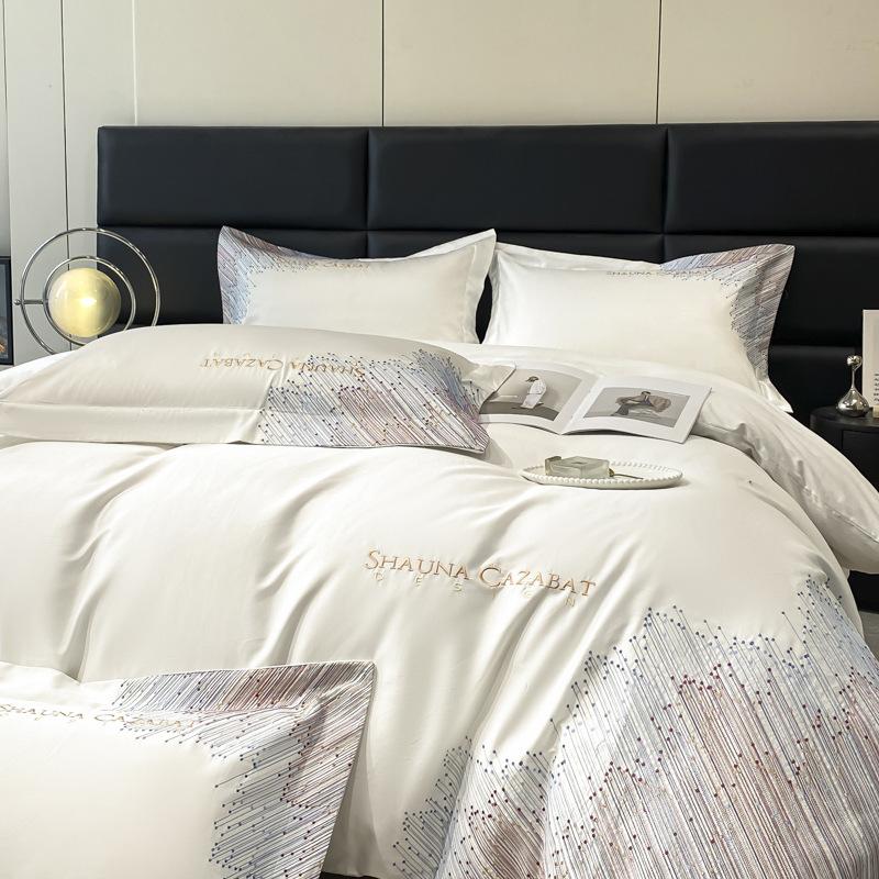 Four-piece set of pure cotton bedding, high-density embroidery, simple light luxury, high-end cotton four-piece set