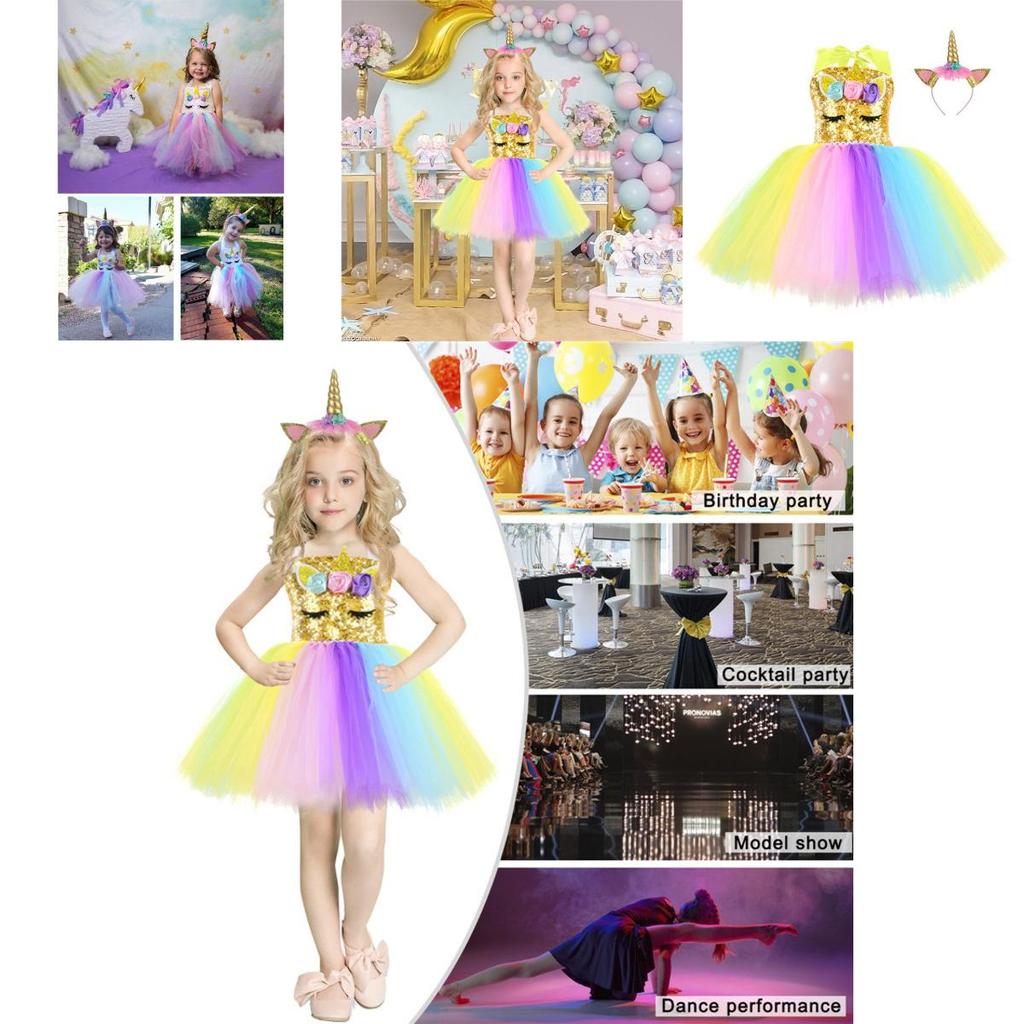 Unicorn Cosplay Girls Dress With Rainbow Pattern For Halloween Party