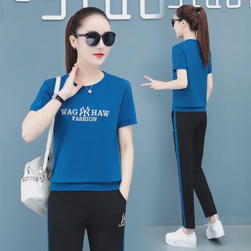 95% Cotton Elastic Stylish Women's Summer Leisure Sports Set: Short-Sleeved T-Shirt & Trousers