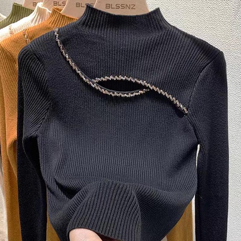 Autumn Half High Collar Hollow Out Pullovers Sweaters Women Slim Fit Winter Clothes Fashion Bottoming Sweater Tops Women Elegant Warm Knitwear 28874