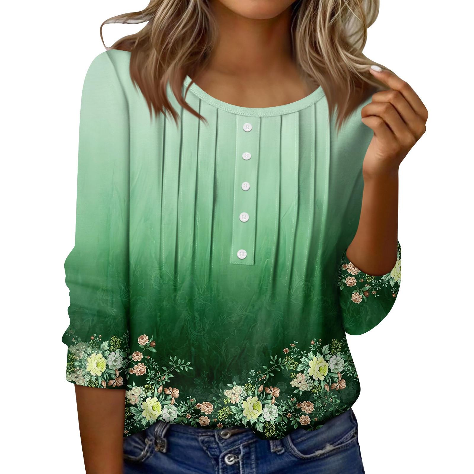 

Women s Round Neck Pull Stripe Decorative Button Top Casual Solid Color 3/4 Sleeve T Shirt L зелений