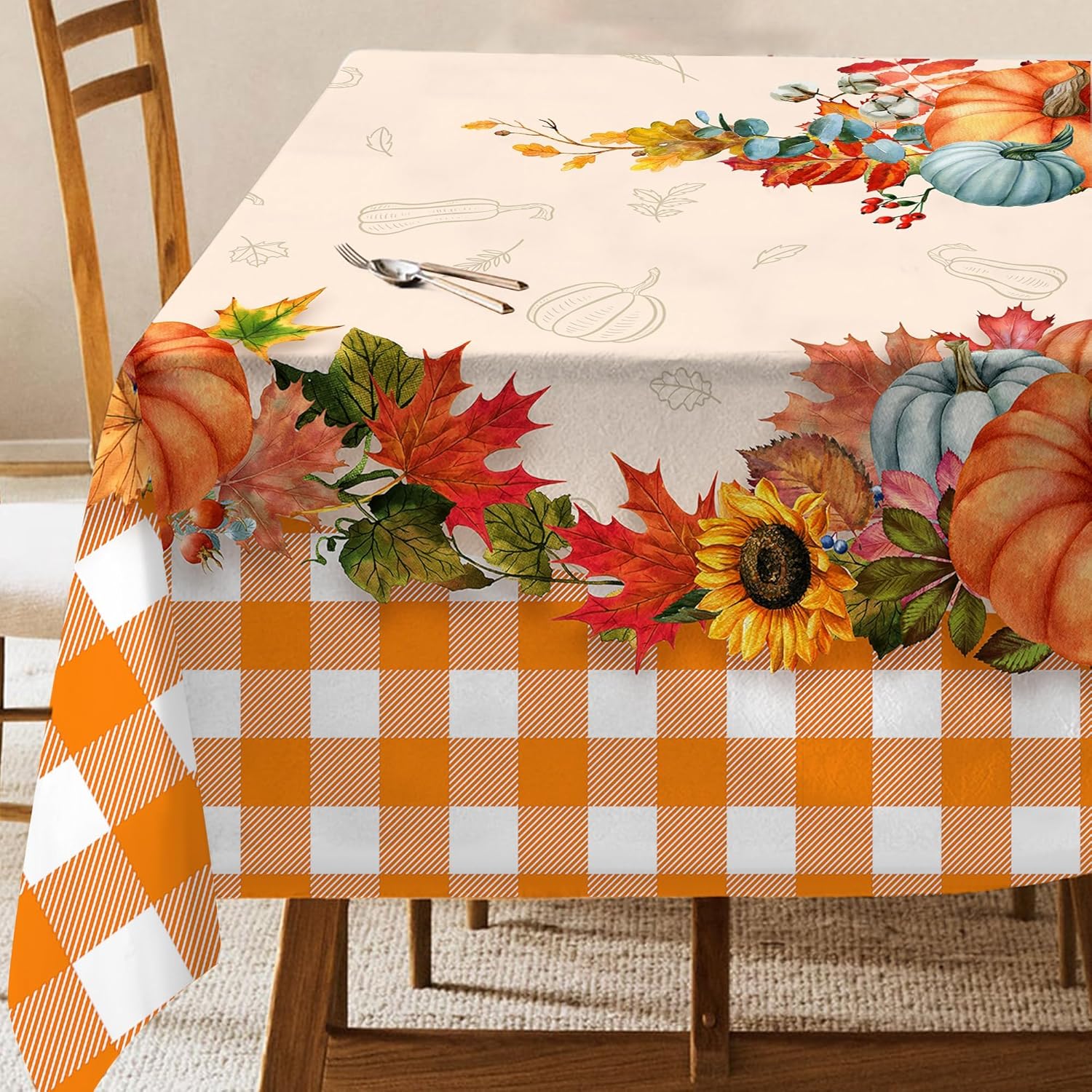 Hexagram Fall Tablecloth 60 x 84 Inches, Fall Table Cloth Rectangle, Autumn Pumpkin Plaid Tablecloth Orange for Home Kitchen Dining Decor 60 x 84 (Rectangular)