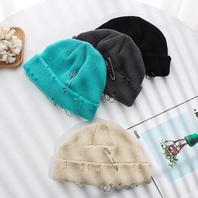 Winter Harajuku Y2k Beanies Knitted Hat Women Fashion Warm Thick Gorro Men Hip Hop Pin Hole Skullcap Short Hat Unisex Basic Cap