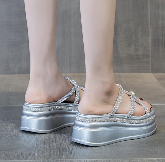 Fashion 7.5CM Synthetic Rhinestone Slippers Luxury Sandals Elegance Leisure Fashion New Summer Women Bling Platform Wedge Flats Shoes