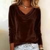 Women'S Solid Color Velvet Cowl Neck Blouse Long Sleeve Draped V-Neck Pullover Top Elegant Casual Loose Fit Fall Winter T Shirt