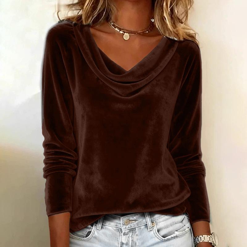 Women'S Solid Color Velvet Cowl Neck Blouse Long Sleeve Draped V-Neck Pullover Top Elegant Casual Loose Fit Fall Winter T Shirt