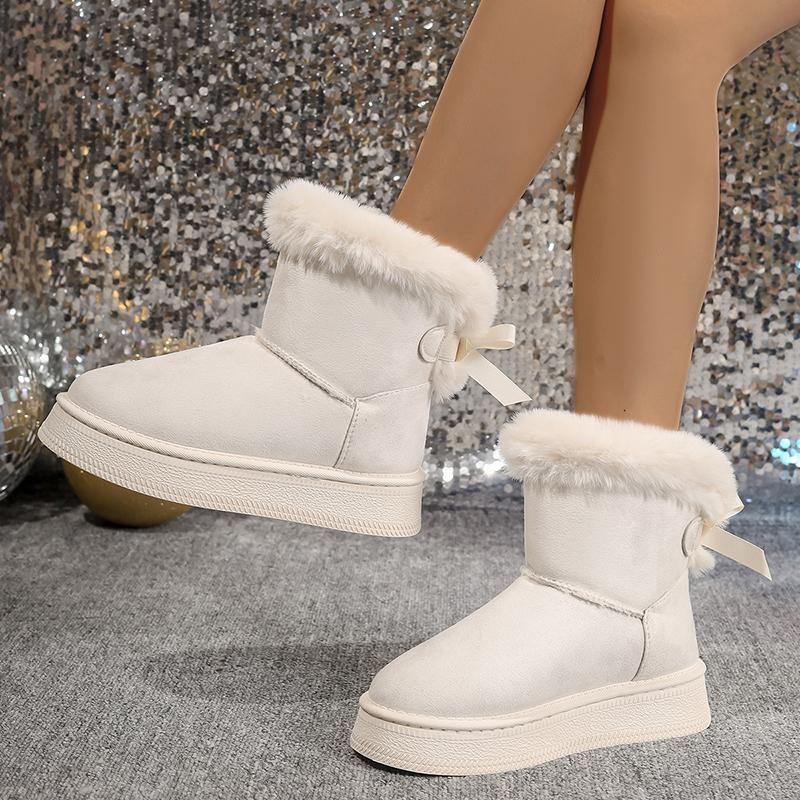 Fashionable Bow Round Toe Elegant Snow Boots Winter Flat Soft Students Plus Velvet Warm Women's Shoes