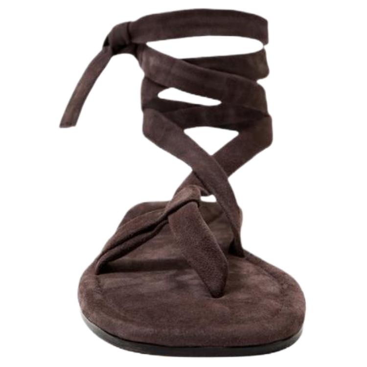 Zara Limited Edition Sheepskin Leather Open Toe Vintage Strap Flat Sandals Women sandals Brown 4600610700