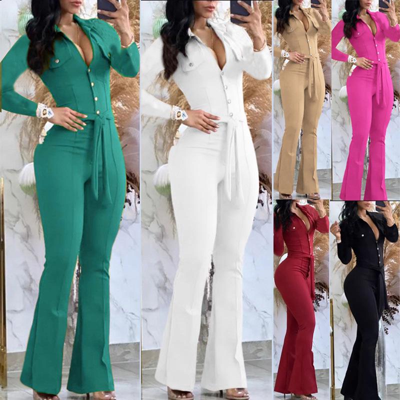 2025 Autumn/Winter Long-Sleeve Shirt Collar Jumpsuit with Mid-Waist Long Pants