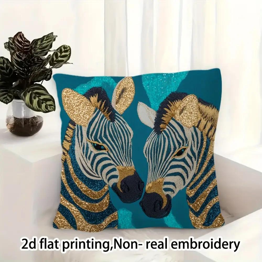 Teal Golden Vintage Zebra Double-Sided Decorative Pillowcase, Aqua Blue Modern Pattern Cushion Cover For Sofa Living Room