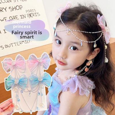 "סט אביזרי שיער פנינה נסיכת בת הים לילדים": שרשרת מצח עם פפיון, סיכת שיער עם גדילים ועגילים"