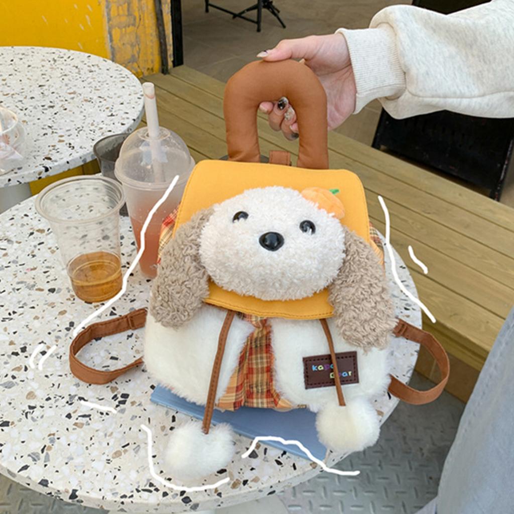 Plush Puppy Flap Backpack Drawstring Casual Grid Pattern Backpacks Cartoon Plaid Shoulder Bag Outdoor Travel Date Backpacks