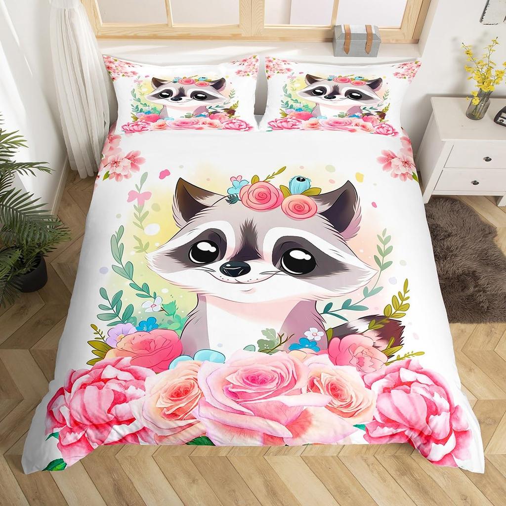 Cartoon Raccoon Bedding Set Cute Raccoon Duvet Cover For Kids Boys Girls Raccoon Lover Gift Wildlife Comforter Cover Twin Queen