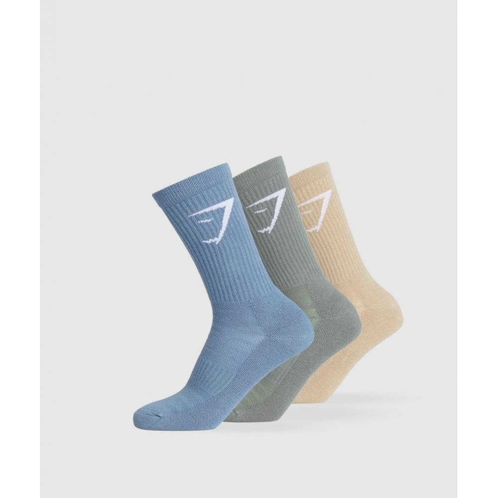 

GYMSHARK Crew Socks 3pk Vanilla Beige Unit Green Faded Blue I3A3P NCDW