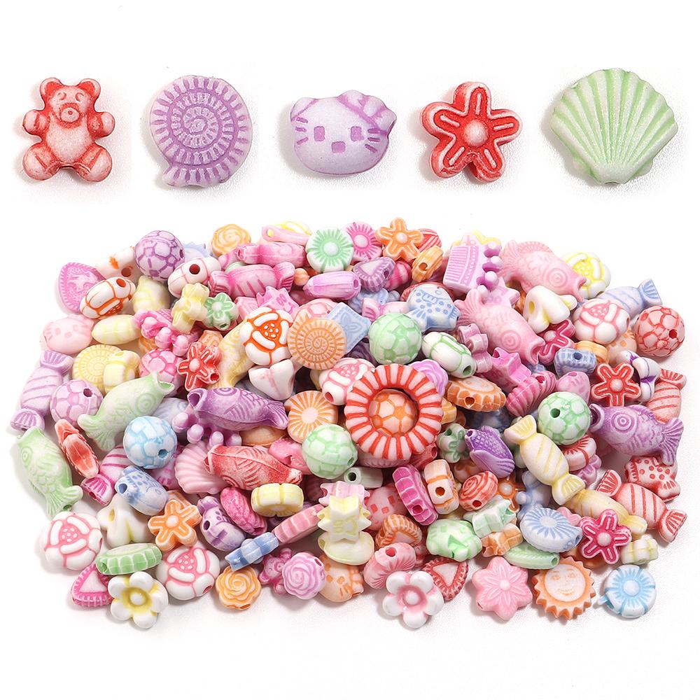 200pcs/lot Multiple Styles Plastic Beads Cat Flower Star Fish Shell Beads Loose Spacer Beads For Jewelry Making DIY Accessories