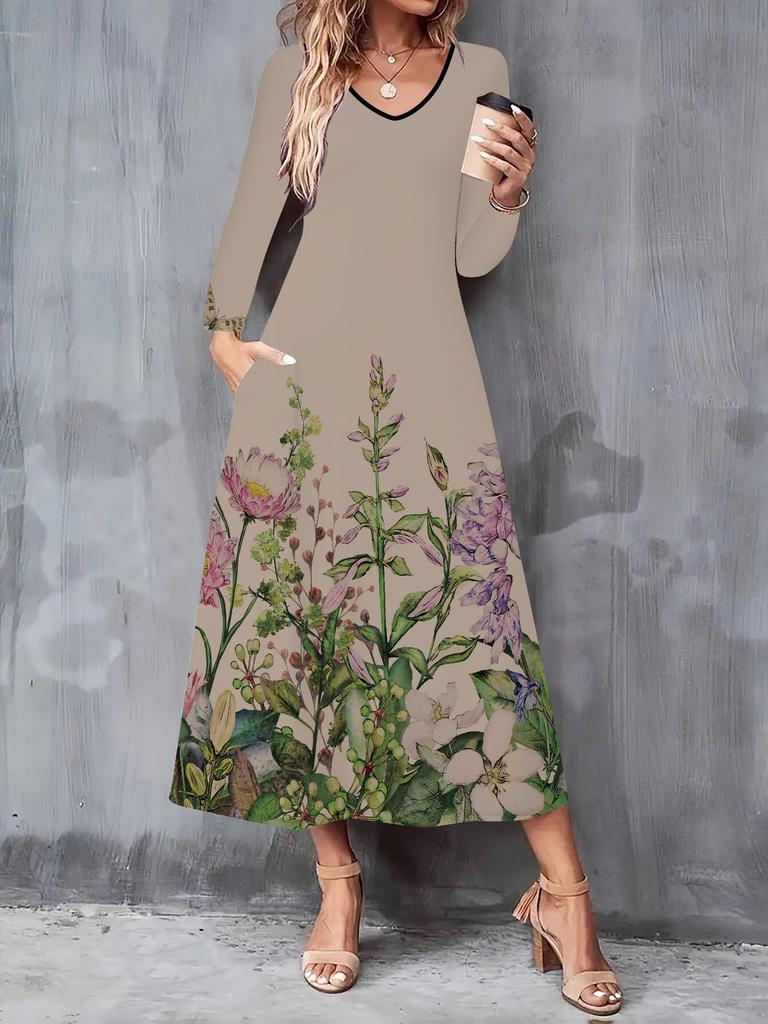 2025 Autumn and Winter New Women Casual Fashion Dress 3D Butterfly Print  Long Sleeve V-Neck A-Line Dresses