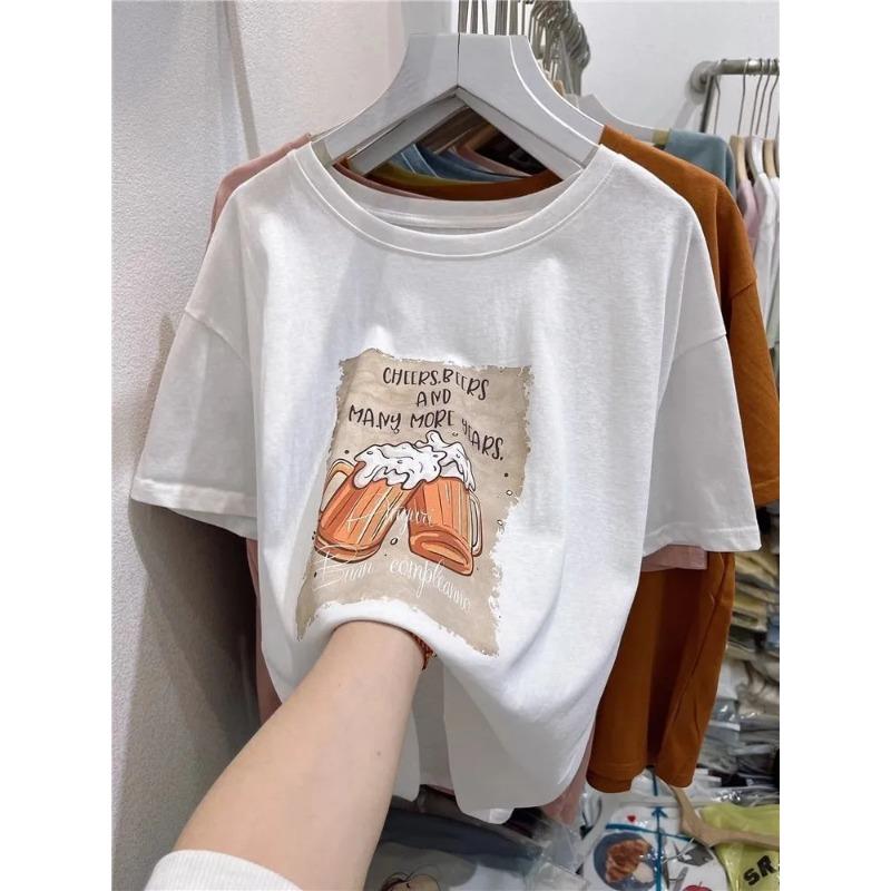 Men Casual Beer Print Solid Color Loose Short Sleeve T Shirts
