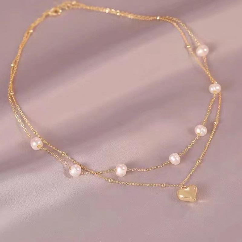 Double Layer Heart Pearl Necklace - Elegant Women s Clavicle Chain for a Fresh, High-End Look