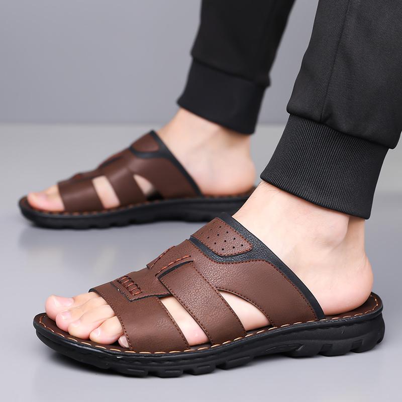 Men Black Leather Slippers Flats Summer Brown Wide Head Sandals Outdoor White Beach Shoes for Father Over Sized 46 47 48
