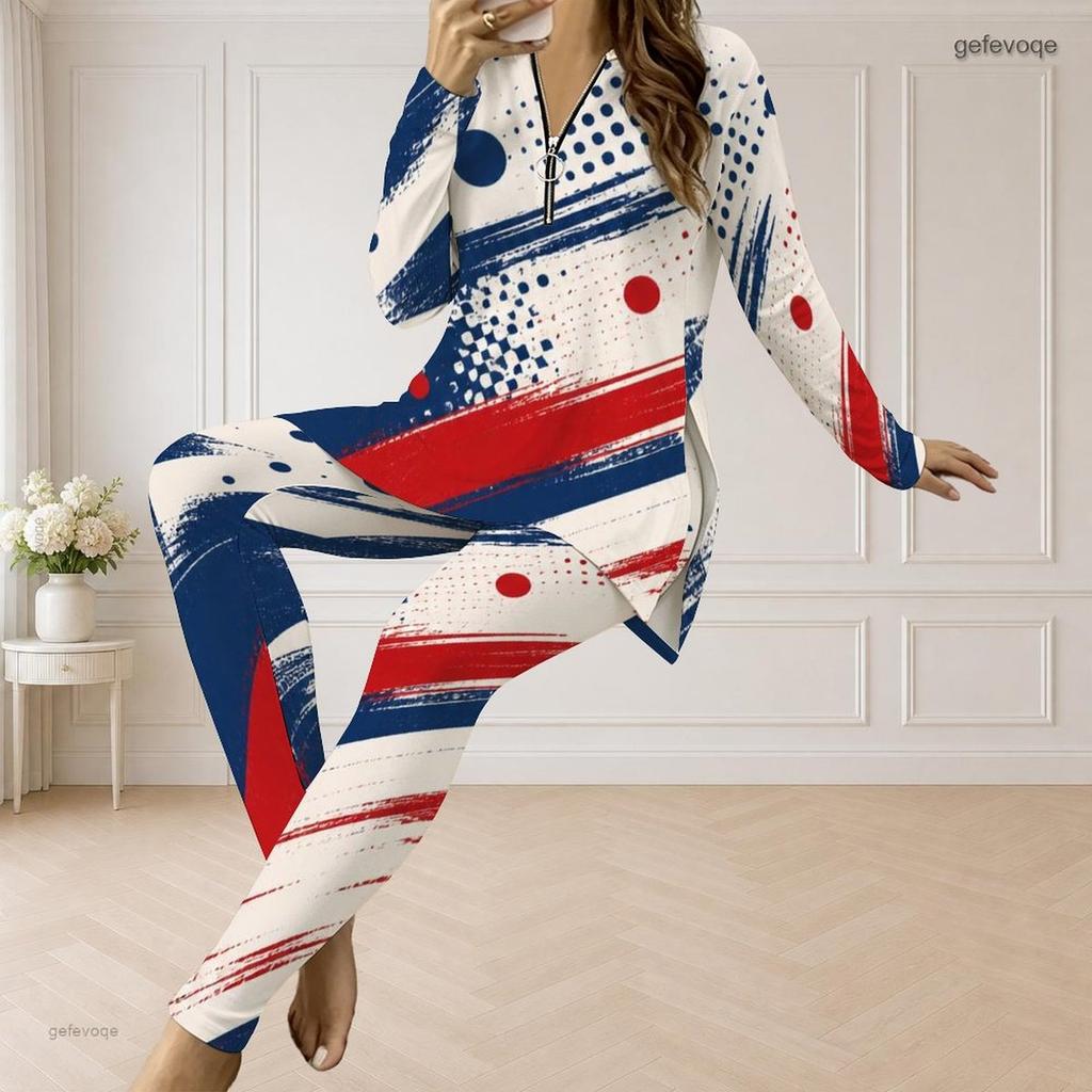 Women Plus Size Beige Star Printed Half Zip Long Sleeve Longline Top And Fitted Pants Two Piece Set
